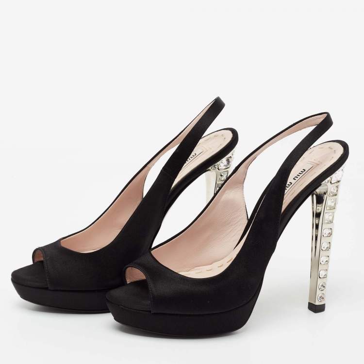 Pre Owned Miu Miu Black Satin Crystal Embellished Heel Peep-Toe Slingback Sandals Size 36.5