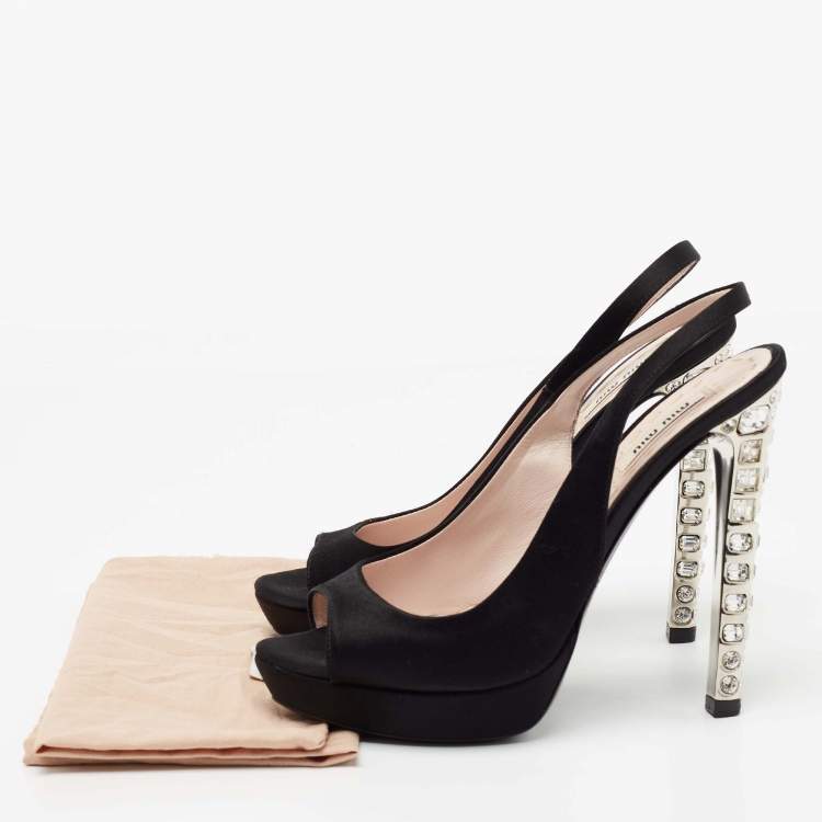 Pre Owned Miu Miu Black Satin Crystal Embellished Heel Peep-Toe Slingback Sandals Size 36.5