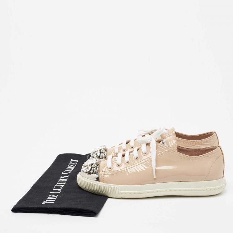 Pre Owned Miu Miu Beige Patent Leather Crystal Embellished Cap-Toe Low-Top Sneakers Size 37