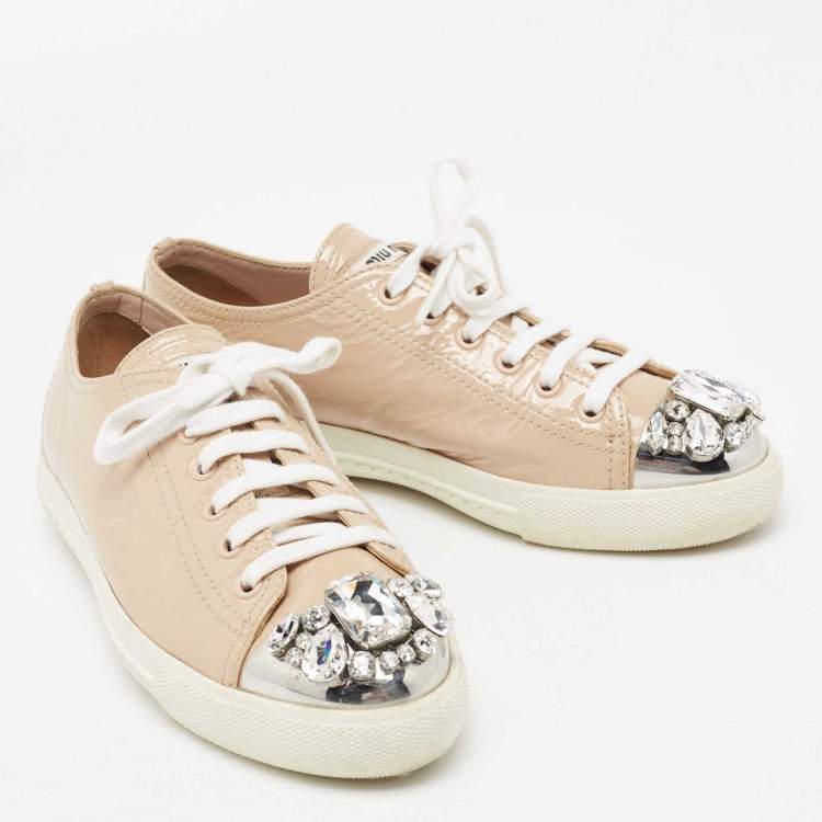 Pre Owned Miu Miu Beige Patent Leather Crystal Embellished Cap-Toe Low-Top Sneakers Size 37