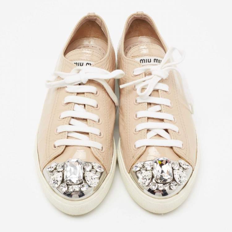 Pre Owned Miu Miu Beige Patent Leather Crystal Embellished Cap-Toe Low-Top Sneakers Size 37