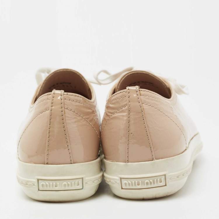 Pre Owned Miu Miu Beige Patent Leather Crystal Embellished Cap-Toe Low-Top Sneakers Size 37