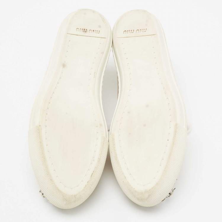 Pre Owned Miu Miu Beige Patent Leather Crystal Embellished Cap-Toe Low-Top Sneakers Size 37