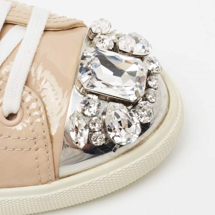 Pre Owned Miu Miu Beige Patent Leather Crystal Embellished Cap-Toe Low-Top Sneakers Size 37