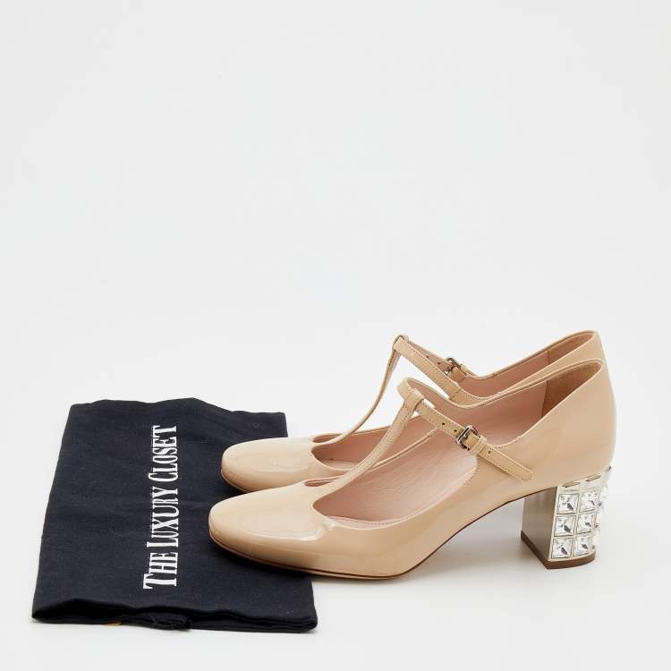 Pre Owned Miu Miu Beige Patent Leather Crystal Embellished Heel Mary Jane Pumps Size 37.5