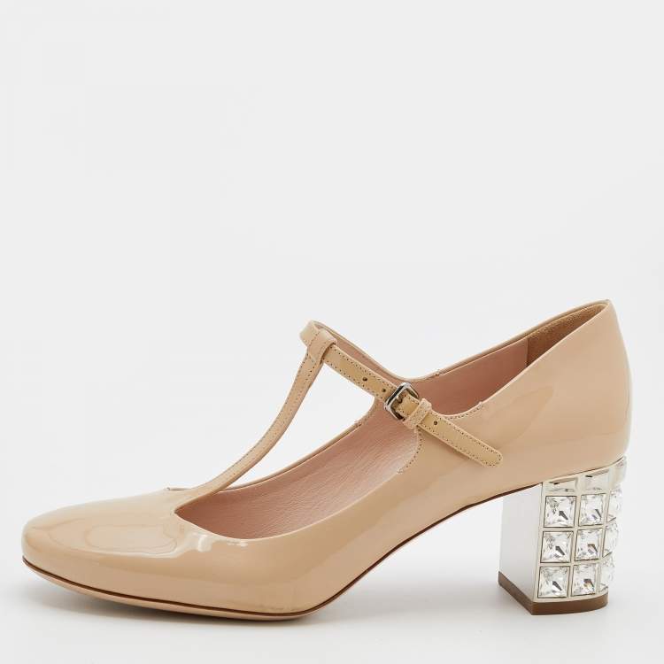 Pre Owned Miu Miu Beige Patent Leather Crystal Embellished Heel Mary Jane Pumps Size 37.5