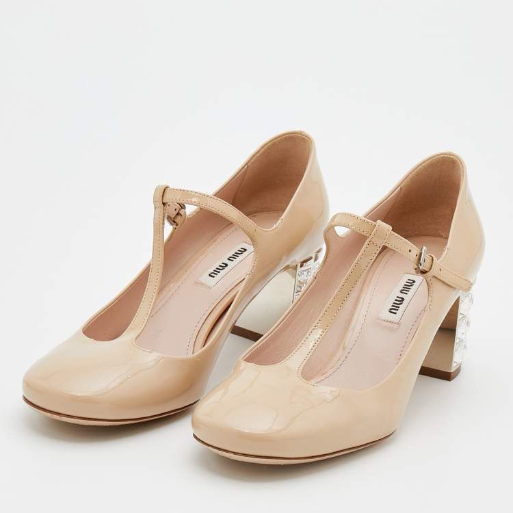 Pre Owned Miu Miu Beige Patent Leather Crystal Embellished Heel Mary Jane Pumps Size 37.5
