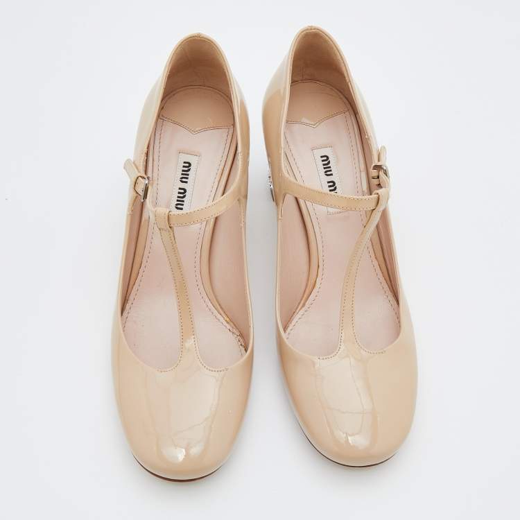 Pre Owned Miu Miu Beige Patent Leather Crystal Embellished Heel Mary Jane Pumps Size 37.5