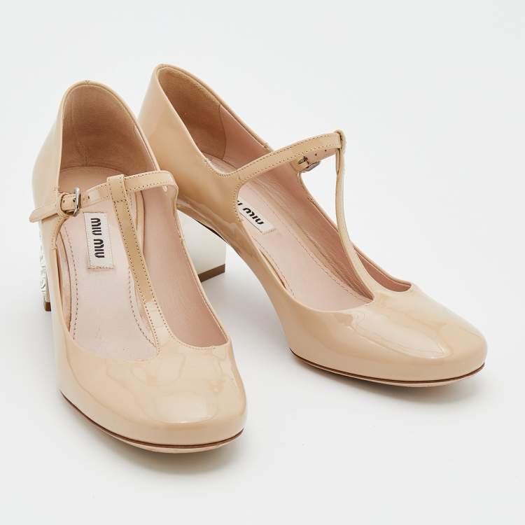 Pre Owned Miu Miu Beige Patent Leather Crystal Embellished Heel Mary Jane Pumps Size 37.5