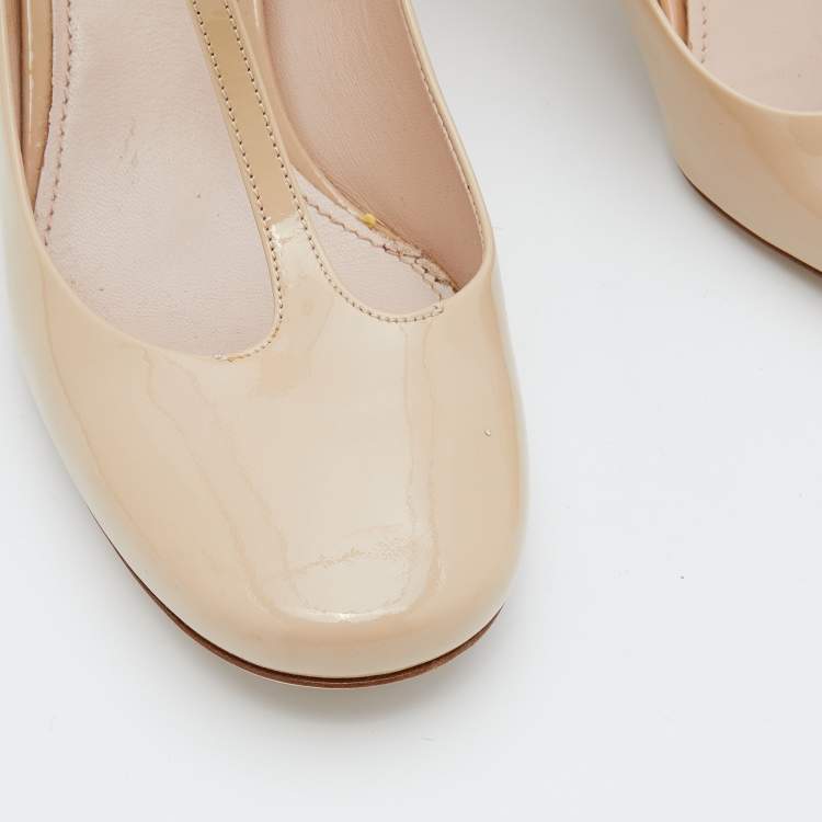 Pre Owned Miu Miu Beige Patent Leather Crystal Embellished Heel Mary Jane Pumps Size 37.5