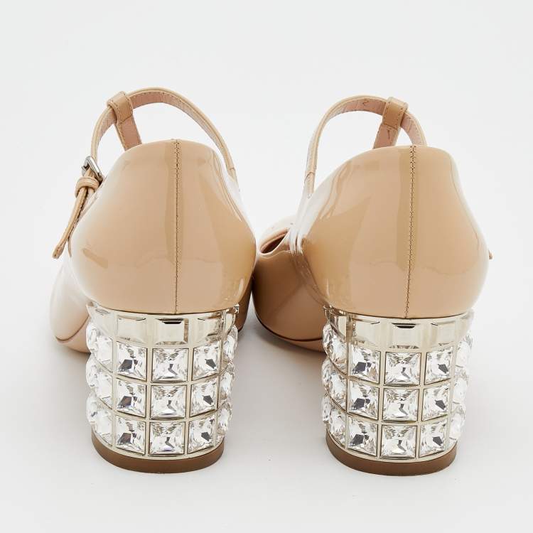 Pre Owned Miu Miu Beige Patent Leather Crystal Embellished Heel Mary Jane Pumps Size 37.5