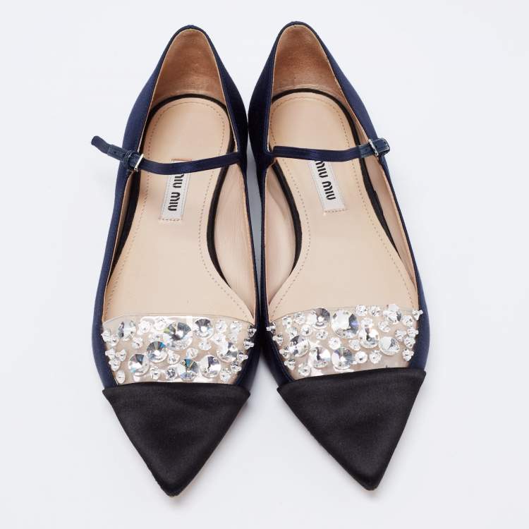 Pre Owned Miu Miu Navy Blue/Black Satin Crystal Embellished Mary Jane Ballet Flats Size 36.5