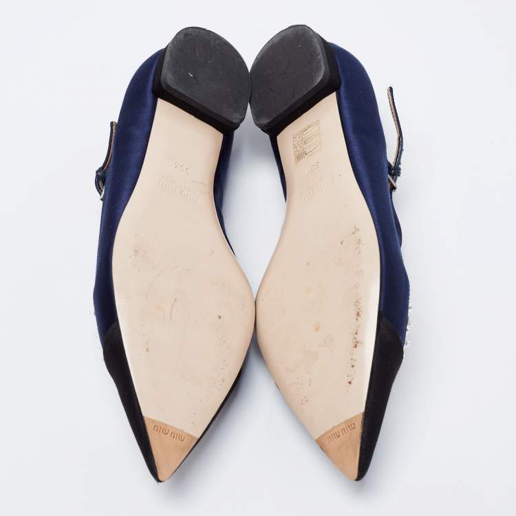 Pre Owned Miu Miu Navy Blue/Black Satin Crystal Embellished Mary Jane Ballet Flats Size 36.5