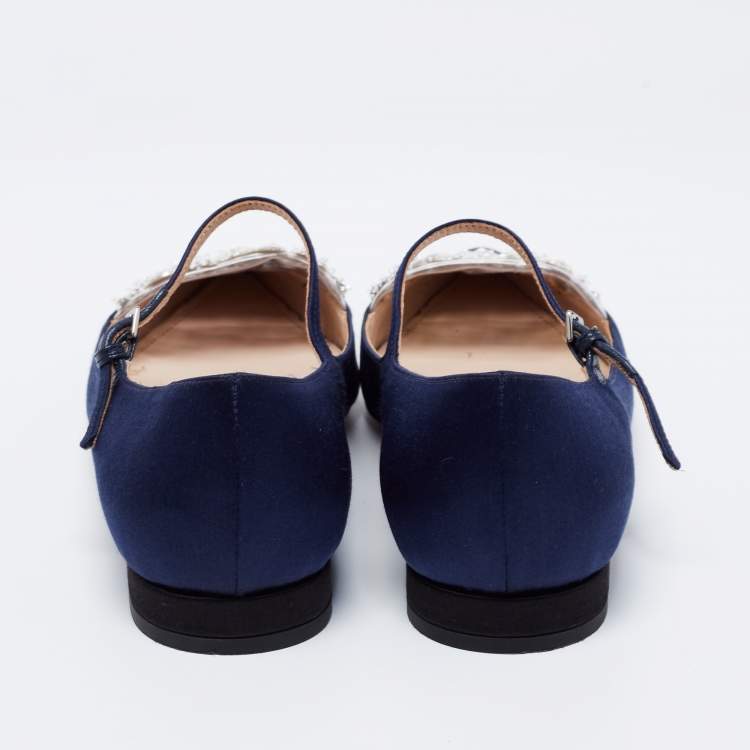 Pre Owned Miu Miu Navy Blue/Black Satin Crystal Embellished Mary Jane Ballet Flats Size 36.5