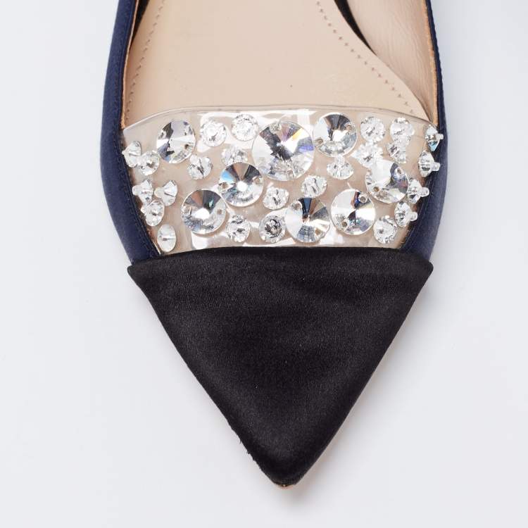 Pre Owned Miu Miu Navy Blue/Black Satin Crystal Embellished Mary Jane Ballet Flats Size 36.5
