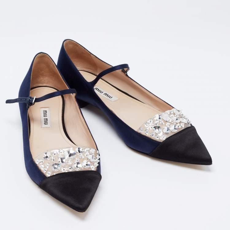 Pre Owned Miu Miu Navy Blue/Black Satin Crystal Embellished Mary Jane Ballet Flats Size 36.5