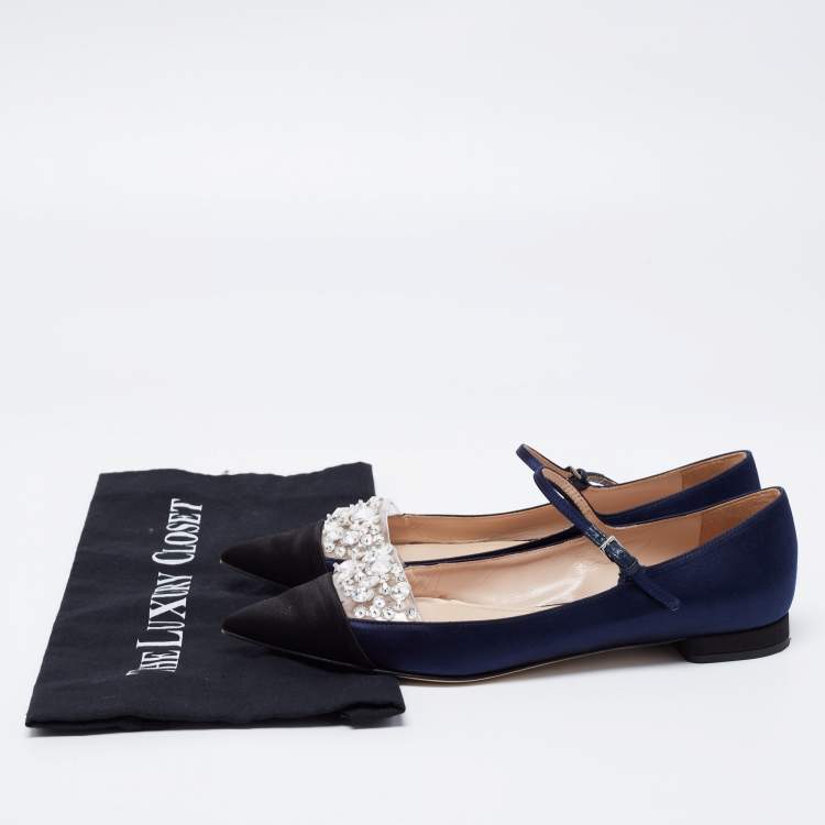 Pre Owned Miu Miu Navy Blue/Black Satin Crystal Embellished Mary Jane Ballet Flats Size 36.5