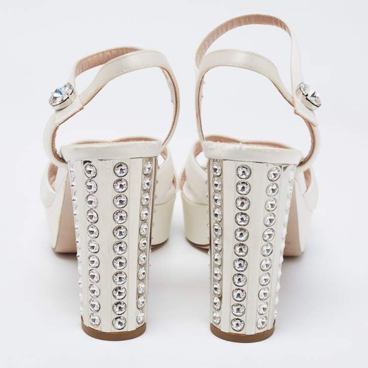 Pre Owned Miu Miu White Satin Crystal Embellished Block Heel Ankle Strap Platform Sandals Size 37