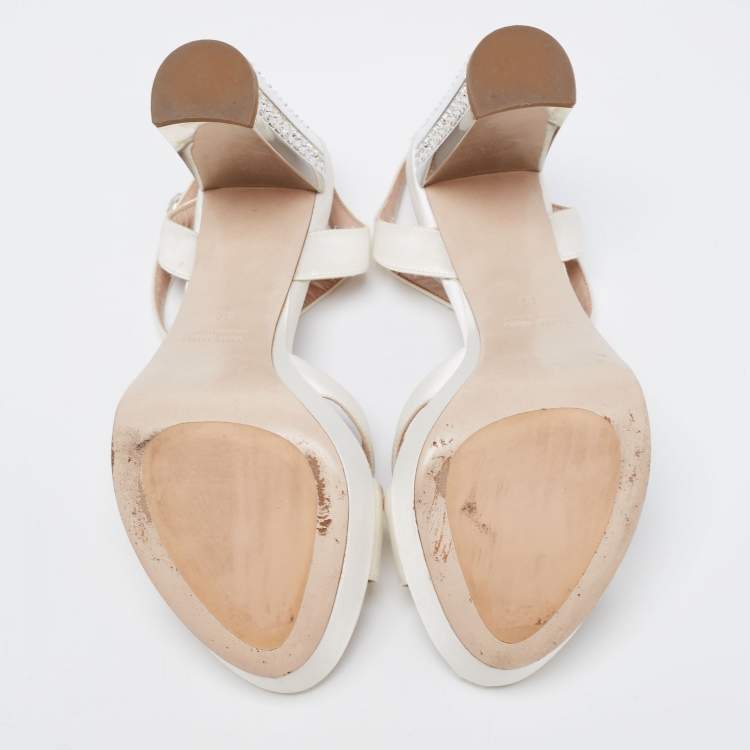 Pre Owned Miu Miu White Satin Crystal Embellished Block Heel Ankle Strap Platform Sandals Size 37