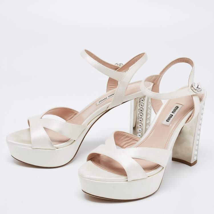 Pre Owned Miu Miu White Satin Crystal Embellished Block Heel Ankle Strap Platform Sandals Size 37