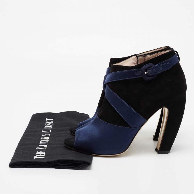 Pre Owned Miu Miu Black/Blue Suede And Satin Open Toe Ankle Boots Size 40