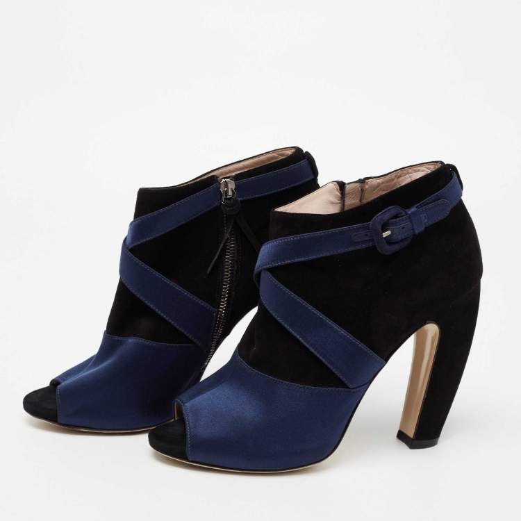 Pre Owned Miu Miu Black/Blue Suede And Satin Open Toe Ankle Boots Size 40