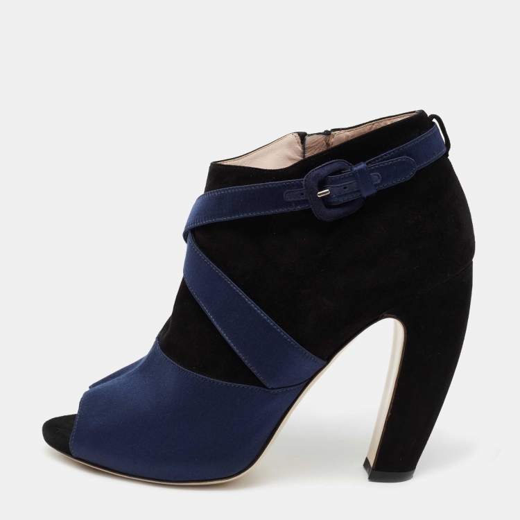 Pre Owned Miu Miu Black/Blue Suede And Satin Open Toe Ankle Boots Size 40