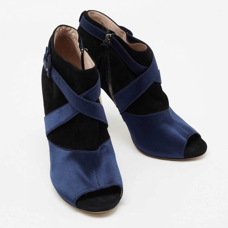 Pre Owned Miu Miu Black/Blue Suede And Satin Open Toe Ankle Boots Size 40