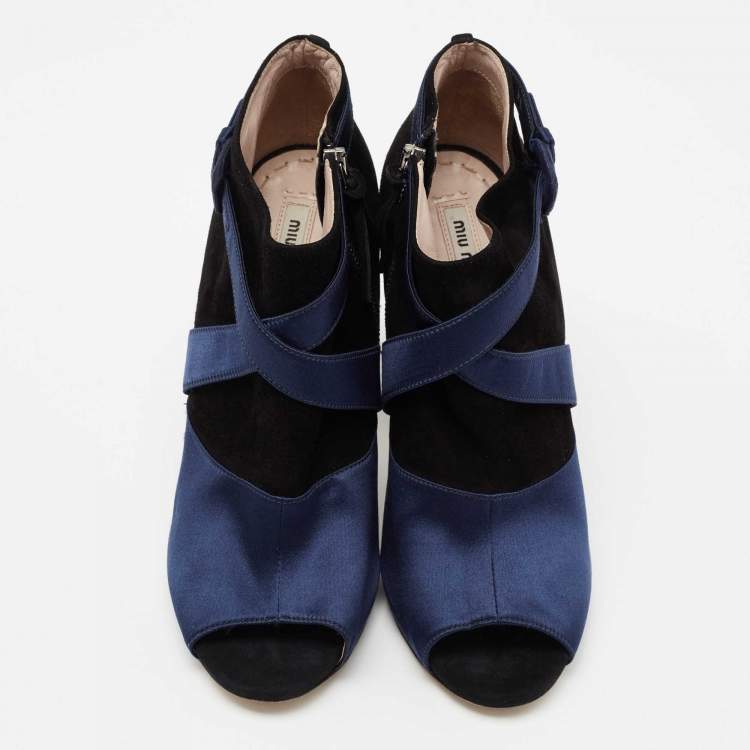 Pre Owned Miu Miu Black/Blue Suede And Satin Open Toe Ankle Boots Size 40