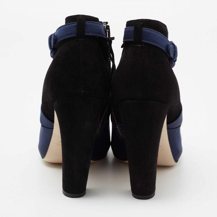 Pre Owned Miu Miu Black/Blue Suede And Satin Open Toe Ankle Boots Size 40