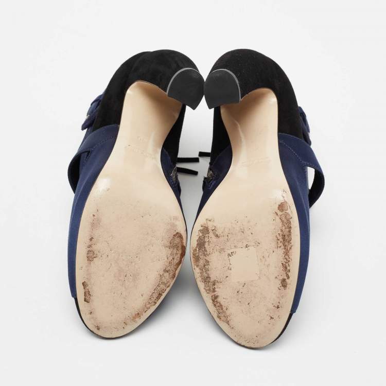 Pre Owned Miu Miu Black/Blue Suede And Satin Open Toe Ankle Boots Size 40