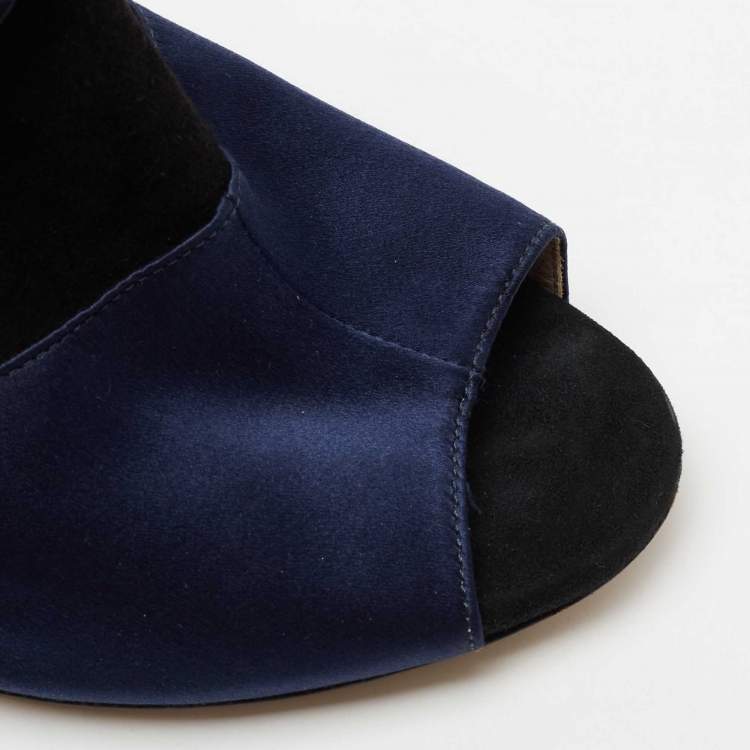 Pre Owned Miu Miu Black/Blue Suede And Satin Open Toe Ankle Boots Size 40