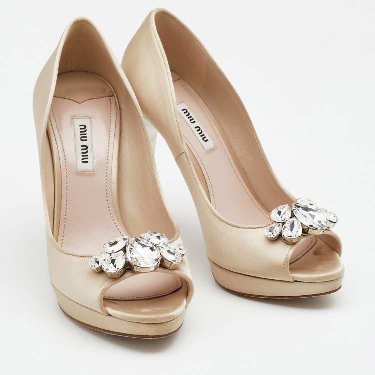Pre Owned Miu Miu Beige Satin Embellished Peep Toe Pumps Size 38