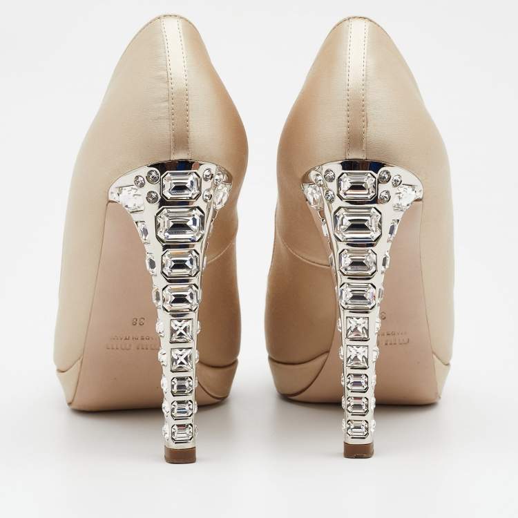 Pre Owned Miu Miu Beige Satin Embellished Peep Toe Pumps Size 38