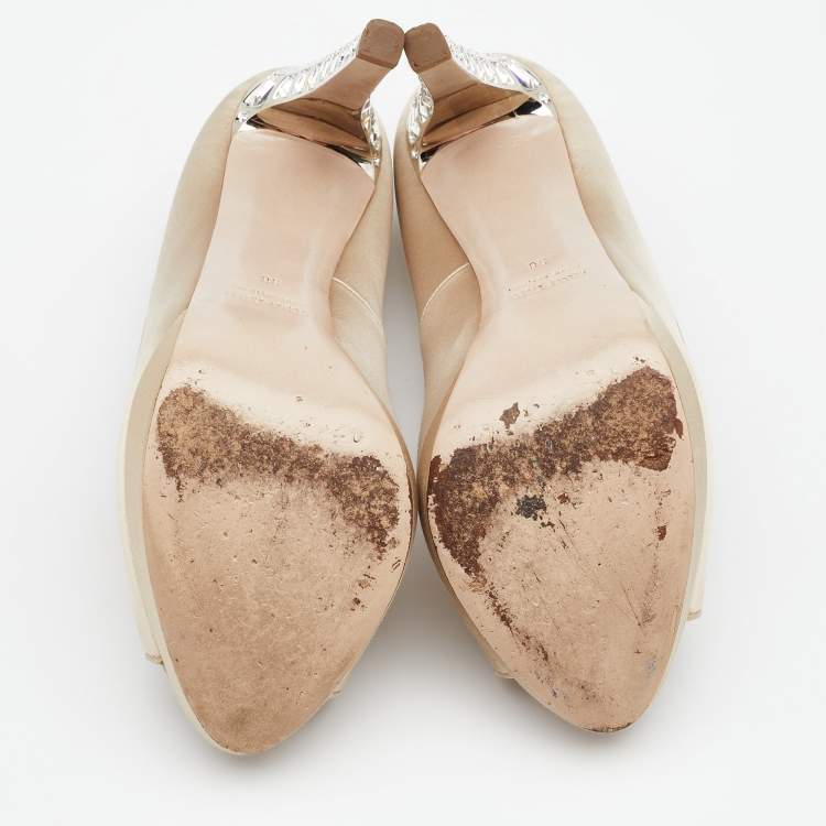 Pre Owned Miu Miu Beige Satin Embellished Peep Toe Pumps Size 38