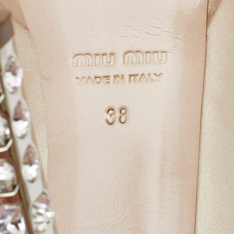Pre Owned Miu Miu Beige Satin Embellished Peep Toe Pumps Size 38