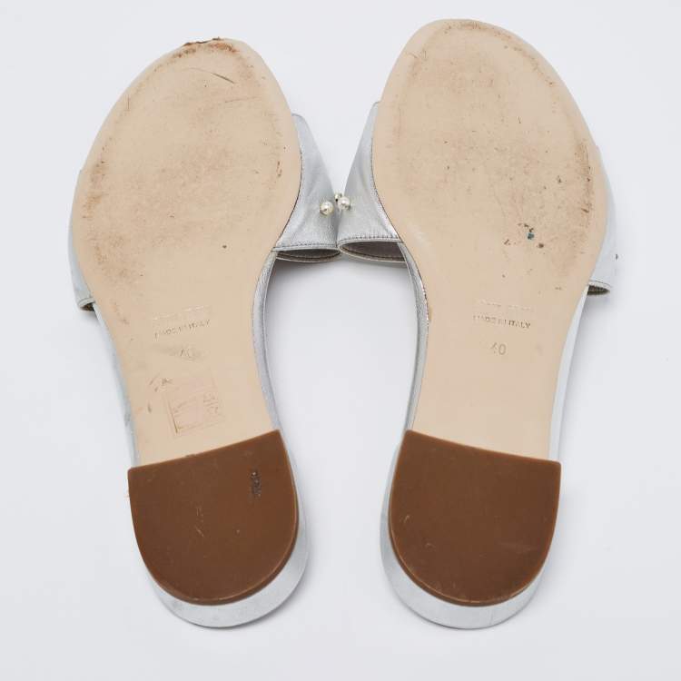 Pre Owned Miu Miu Silver Leather Embellished Flats Size 40