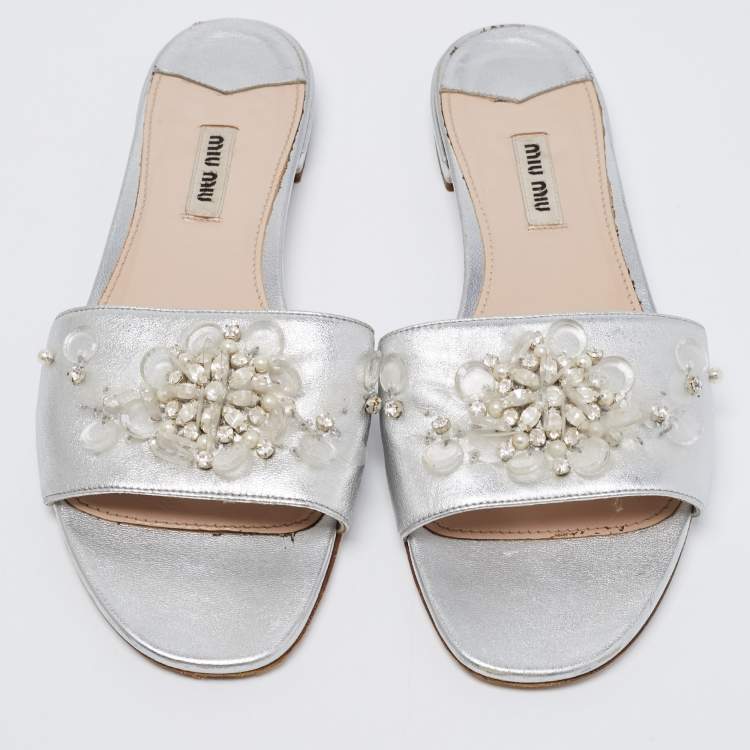 Pre Owned Miu Miu Silver Leather Embellished Flats Size 40