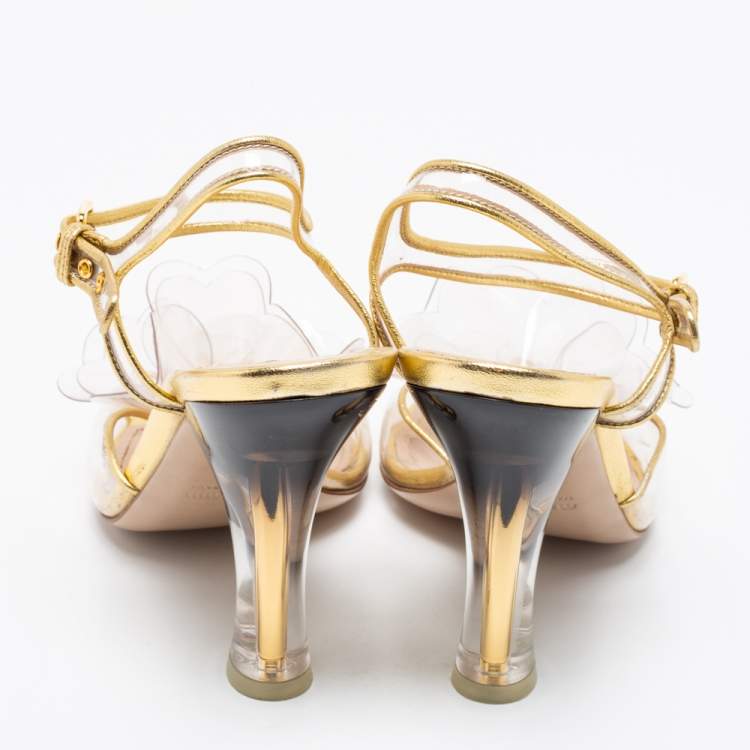 Pre Owned Miu Miu Gold PVC And Leather Vinyl Floral Embellished Ankle Strap Sandals Size 37