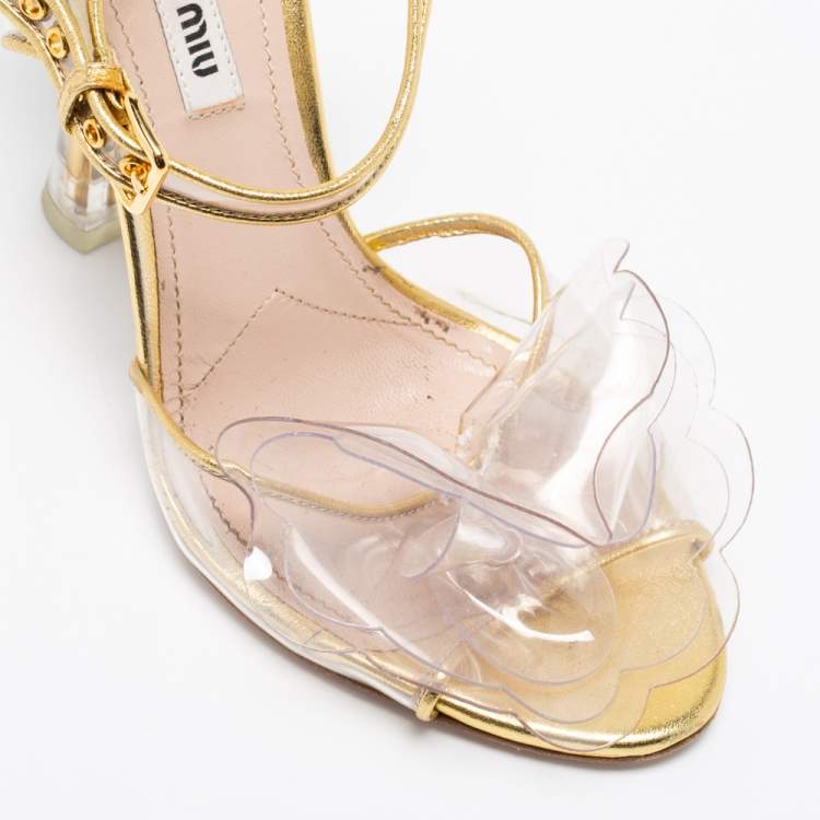 Pre Owned Miu Miu Gold PVC And Leather Vinyl Floral Embellished Ankle Strap Sandals Size 37