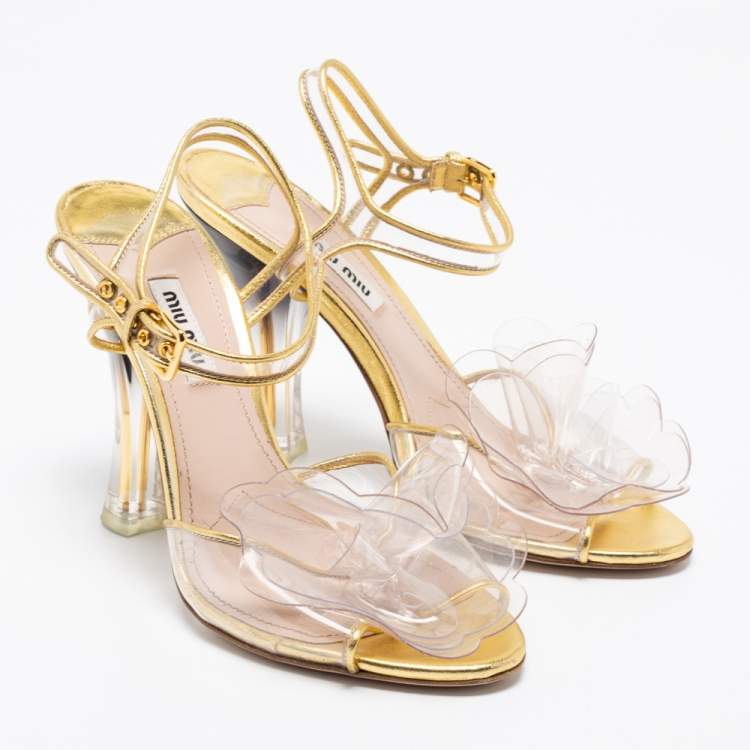 Pre Owned Miu Miu Gold PVC And Leather Vinyl Floral Embellished Ankle Strap Sandals Size 37