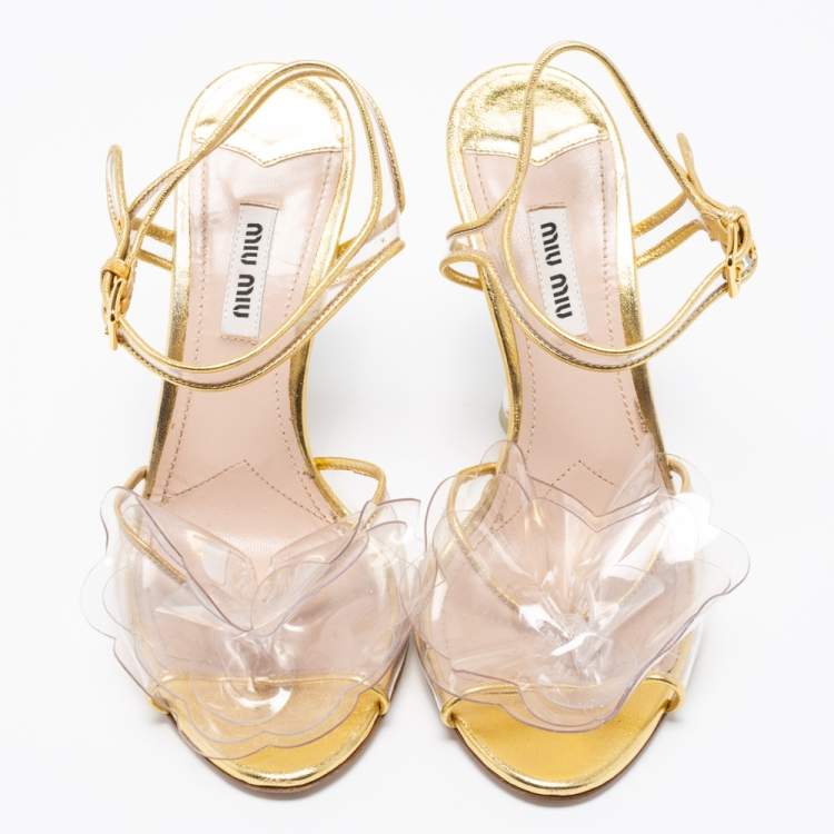 Pre Owned Miu Miu Gold PVC And Leather Vinyl Floral Embellished Ankle Strap Sandals Size 37