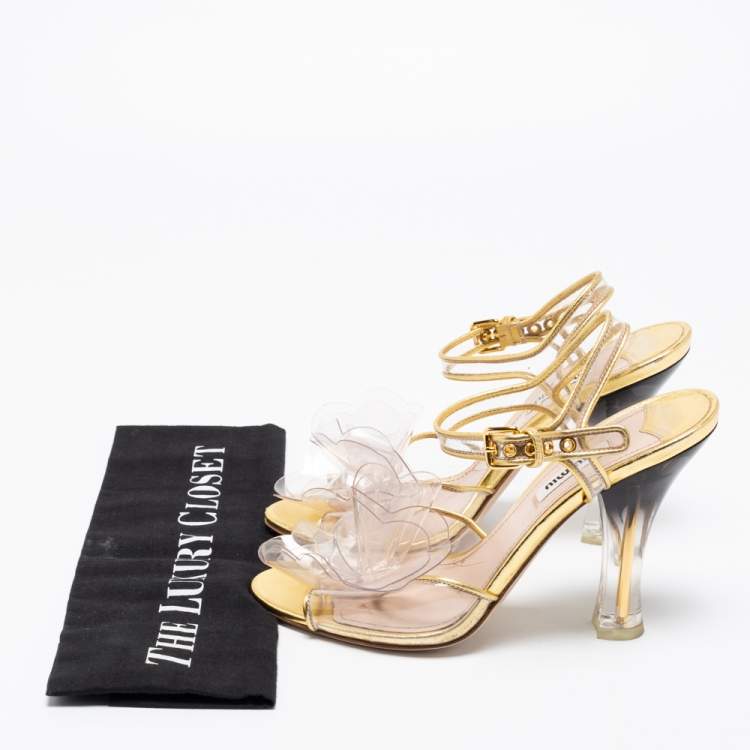 Pre Owned Miu Miu Gold PVC And Leather Vinyl Floral Embellished Ankle Strap Sandals Size 37