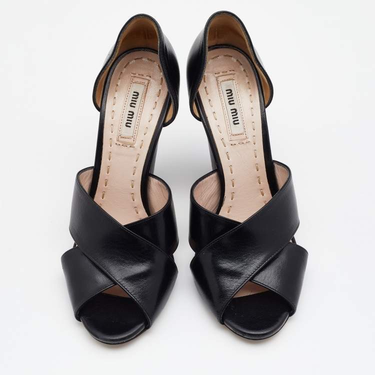 Pre Owned Miu Miu Black Leather Criss Cross Sandals Size 37
