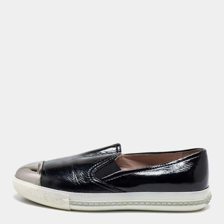 Pre Owned Miu Miu Black Patent Leather Metal Cap Toe Slip On Sneakers Size 37.5