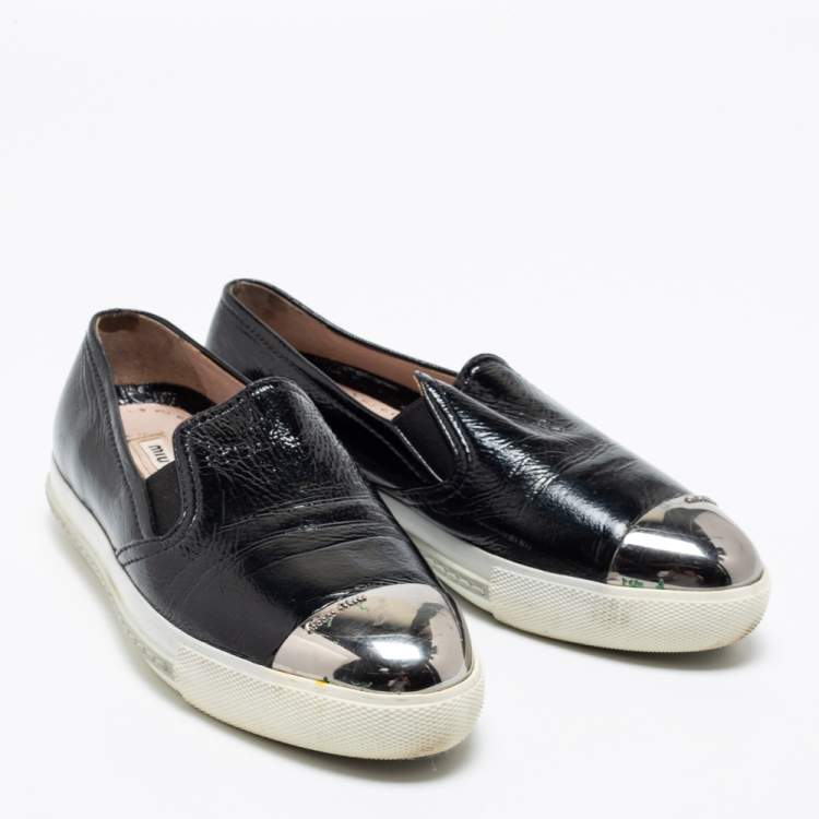 Pre Owned Miu Miu Black Patent Leather Metal Cap Toe Slip On Sneakers Size 37.5