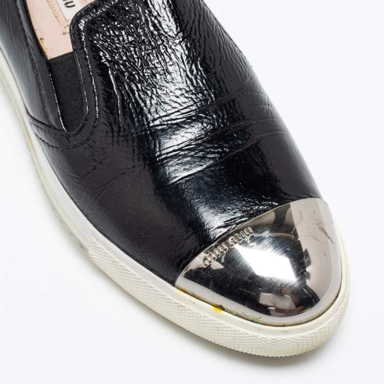 Pre Owned Miu Miu Black Patent Leather Metal Cap Toe Slip On Sneakers Size 37.5