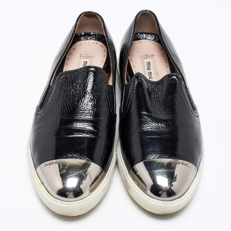 Pre Owned Miu Miu Black Patent Leather Metal Cap Toe Slip On Sneakers Size 37.5