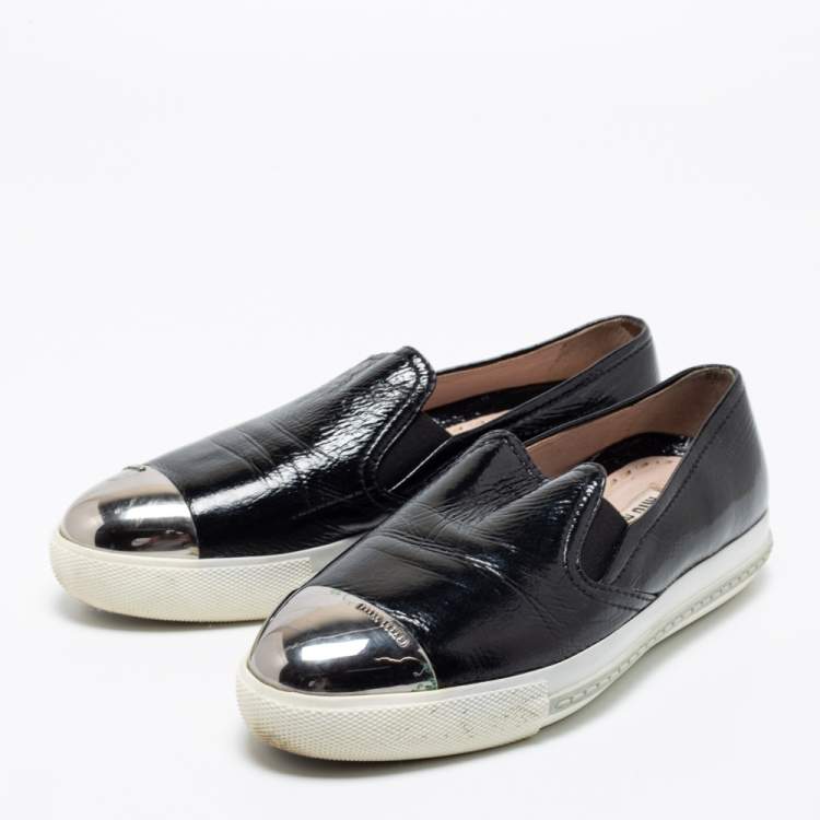 Pre Owned Miu Miu Black Patent Leather Metal Cap Toe Slip On Sneakers Size 37.5