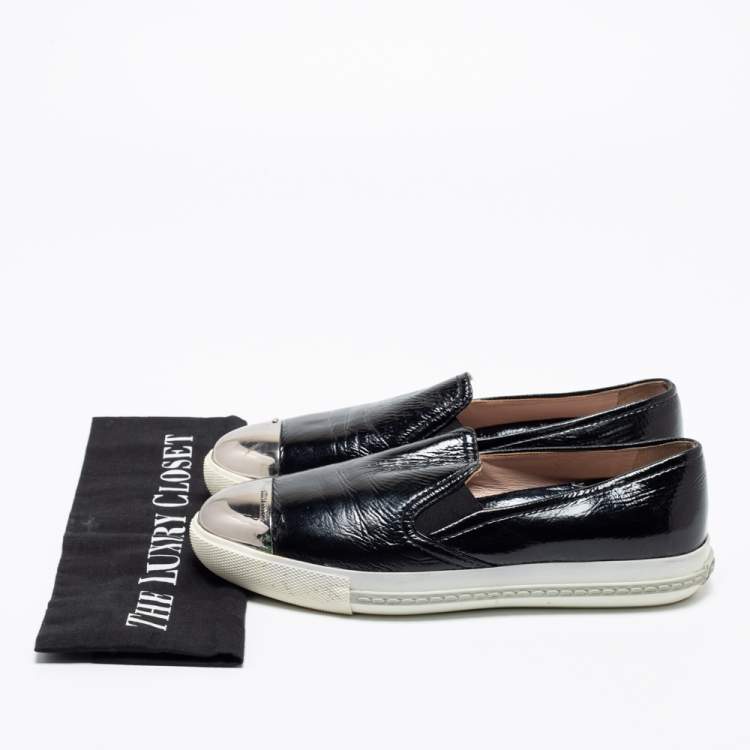 Pre Owned Miu Miu Black Patent Leather Metal Cap Toe Slip On Sneakers Size 37.5